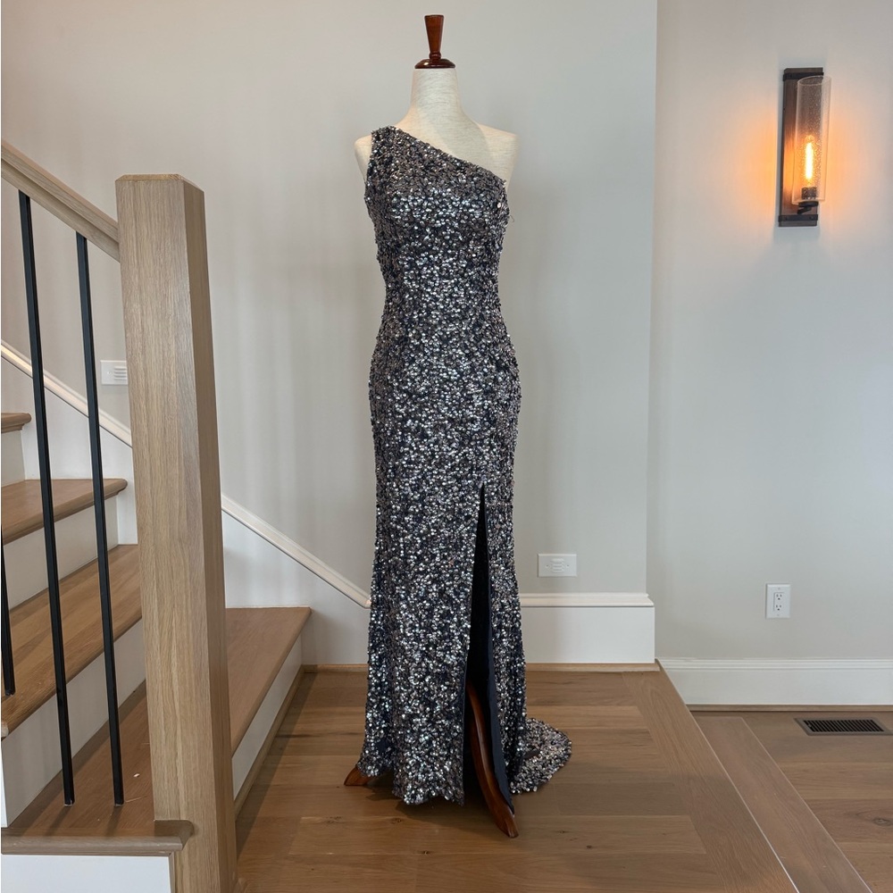 One-Shoulder Gunmetal Sequin Evening Gown